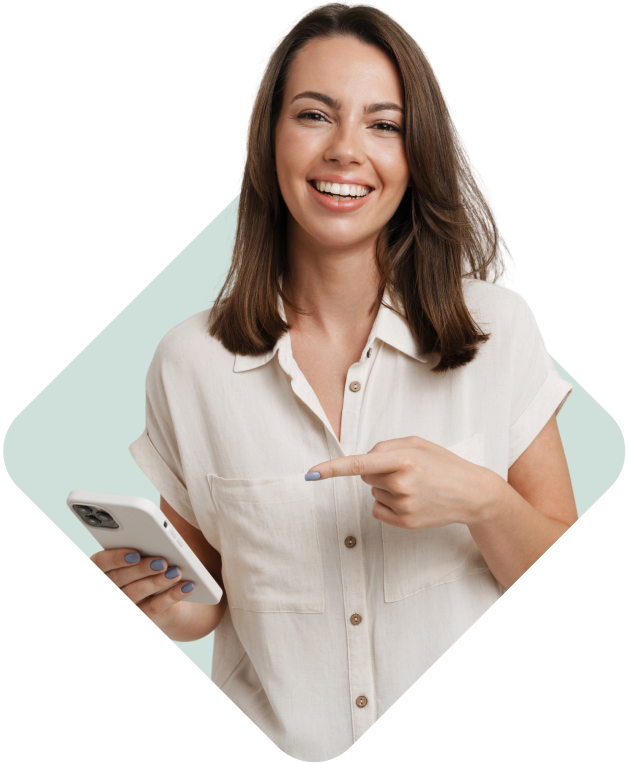 Happy woman holding a smartphone, smiling while using service