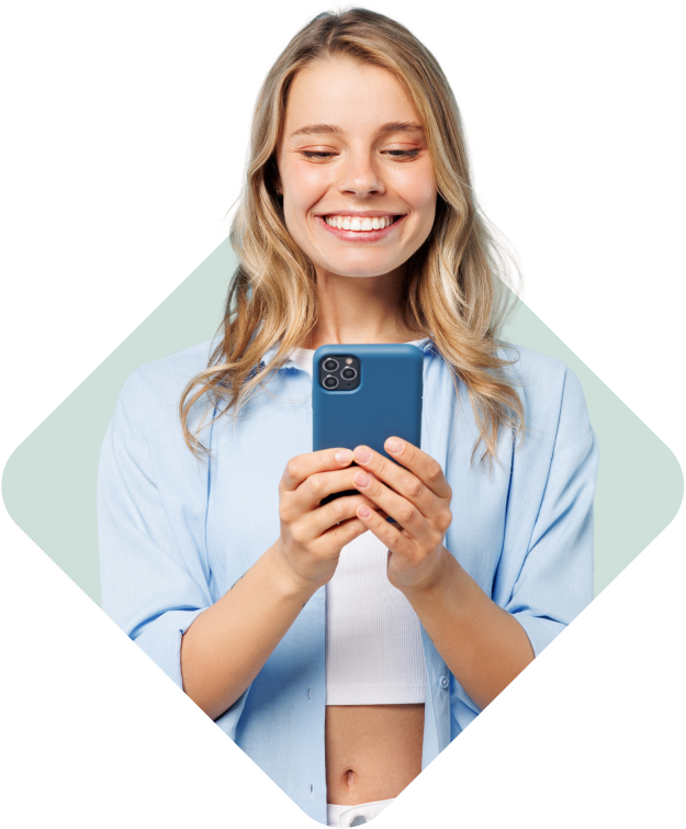 Happy woman holding a smartphone, smiling while using service